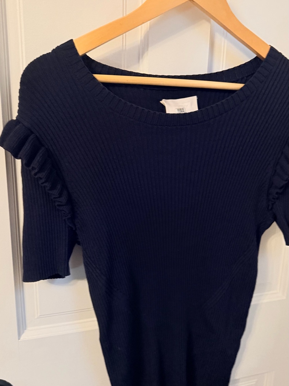 cinq a sept Navy Ribbed Scoop-Neck Sweater with Ruffle Sleeves
